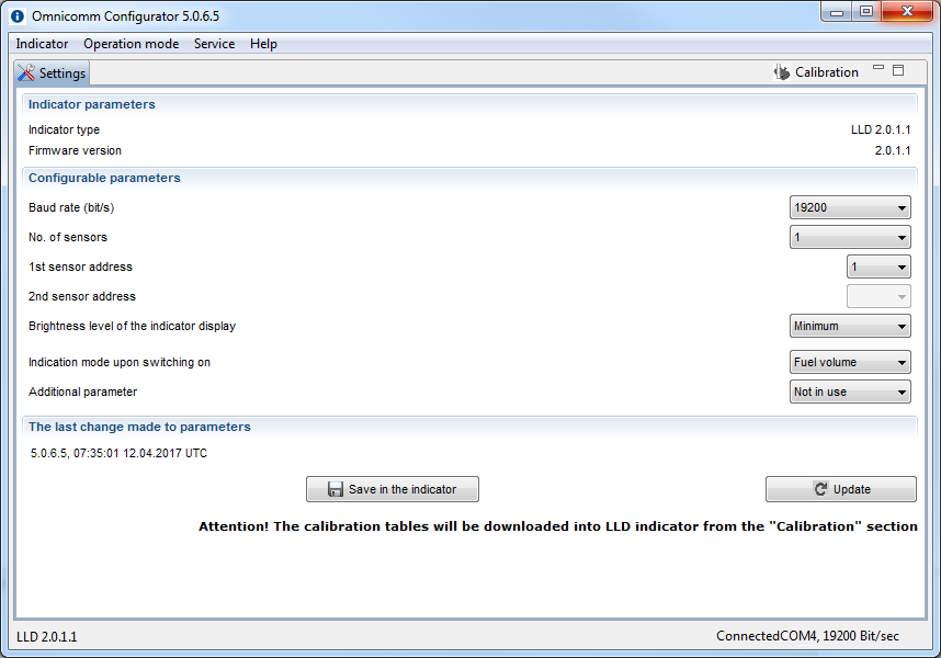 The “Settings” window of the Omnicomm Configurator 