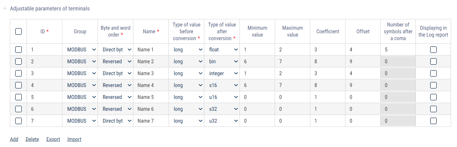 Terminal adjustable parameters 