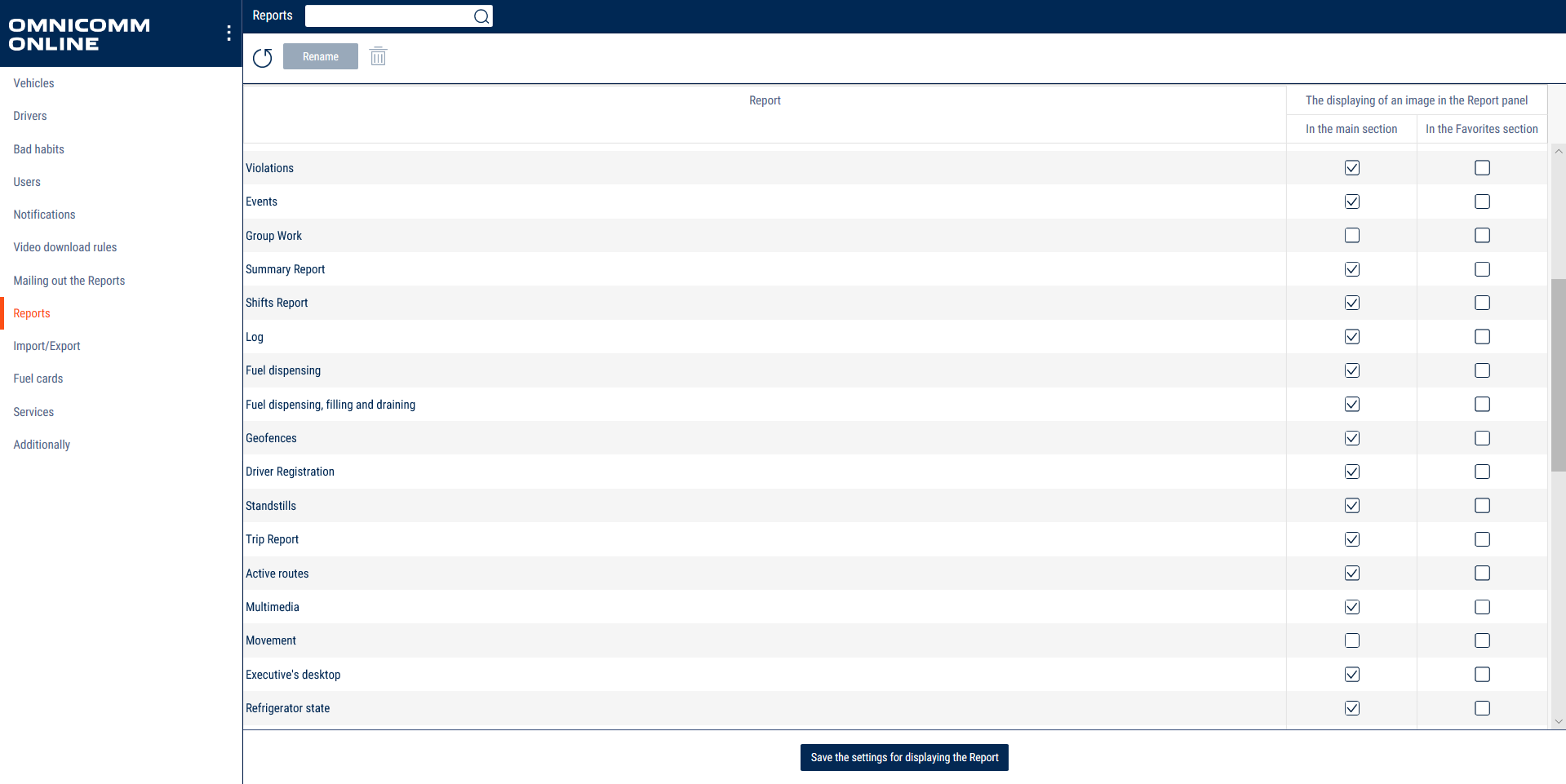 Reports display configuration 