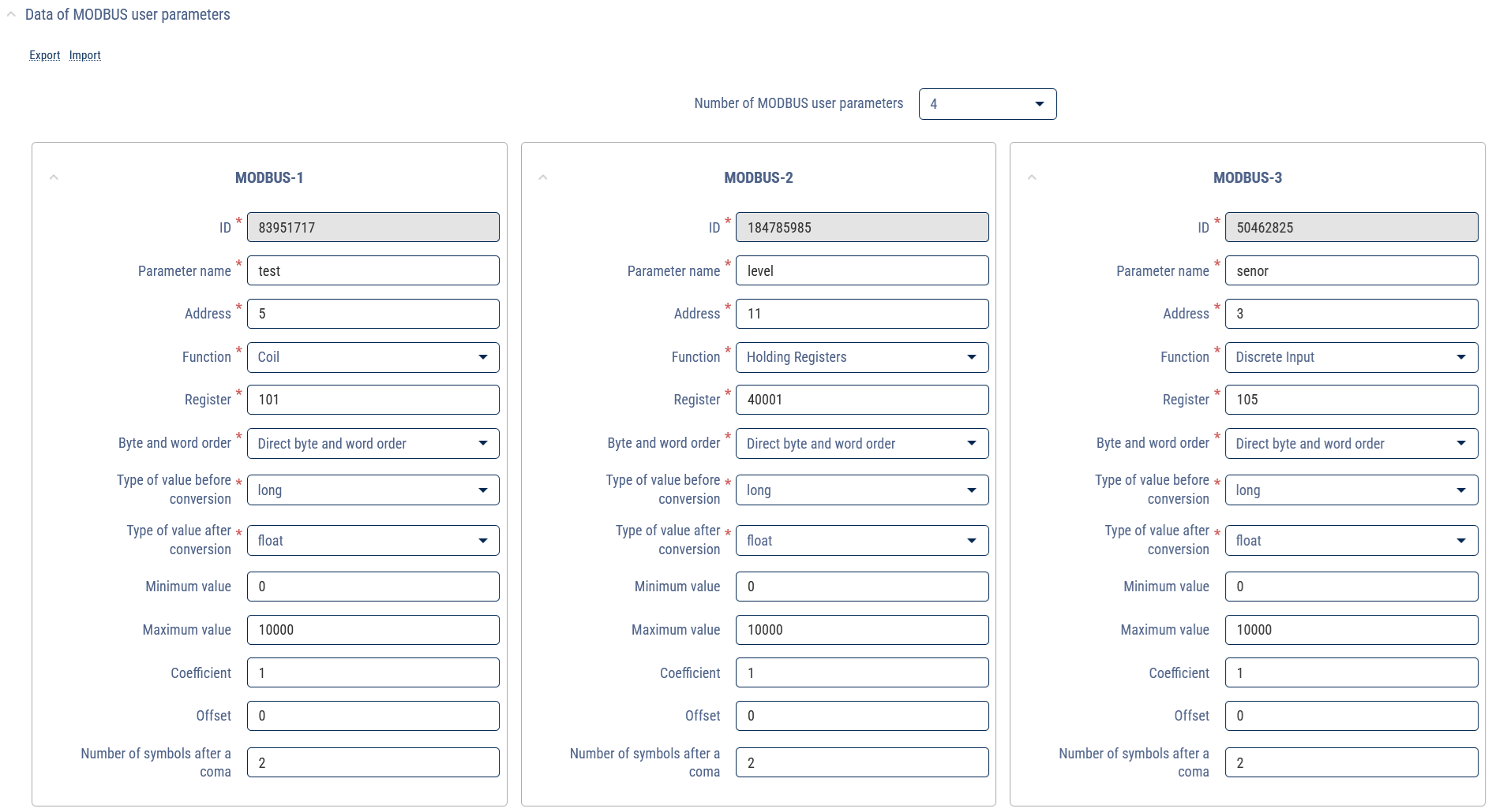 MODBUS User Parameter Data 