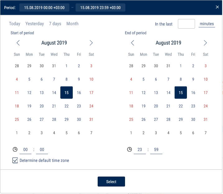 Selection of a period for report generation 