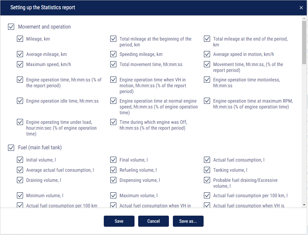 «Statistics» report settings 