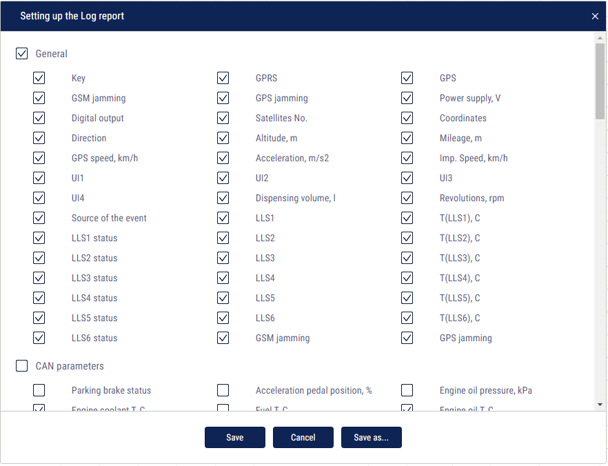 Setting up the «Log» report 