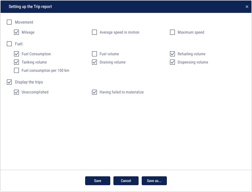 Setting up the «Trip report» 