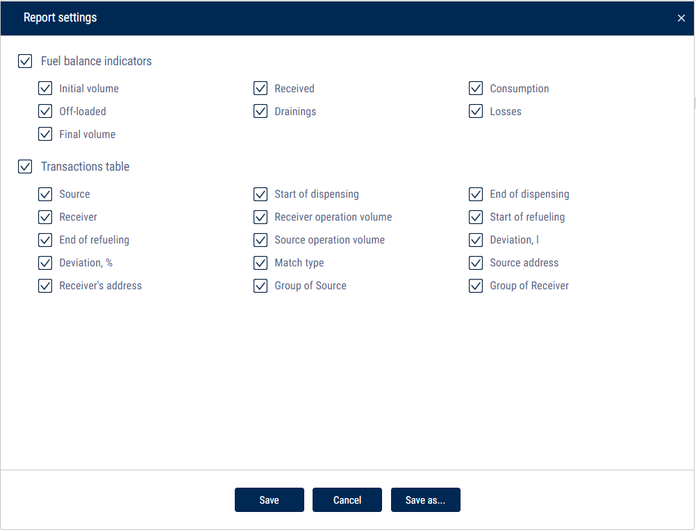 «Fuel balance» report settings 