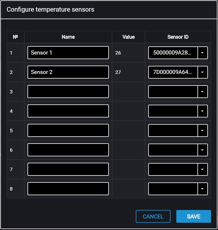 Settings of temperature sensors 