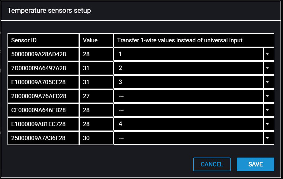 Setting of temperature sensors 