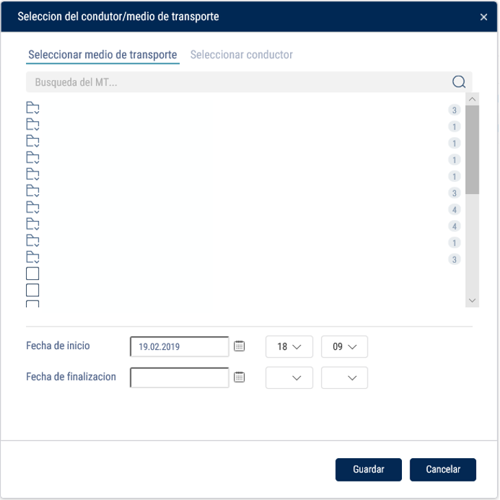 Seleccione de la lista el vehículo o el conductor