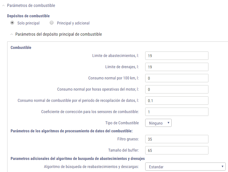 Parámetros para tanque de combustible principal Parámetros para tanque de combustible principal