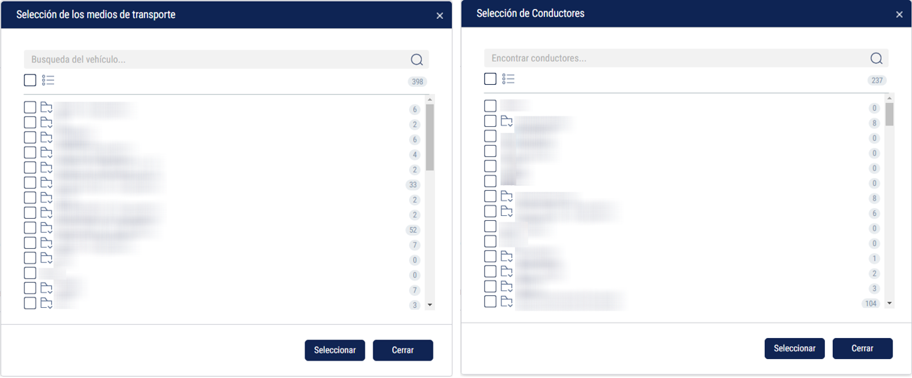 Selección de vehículos y conductores Selección de vehículos y conductores