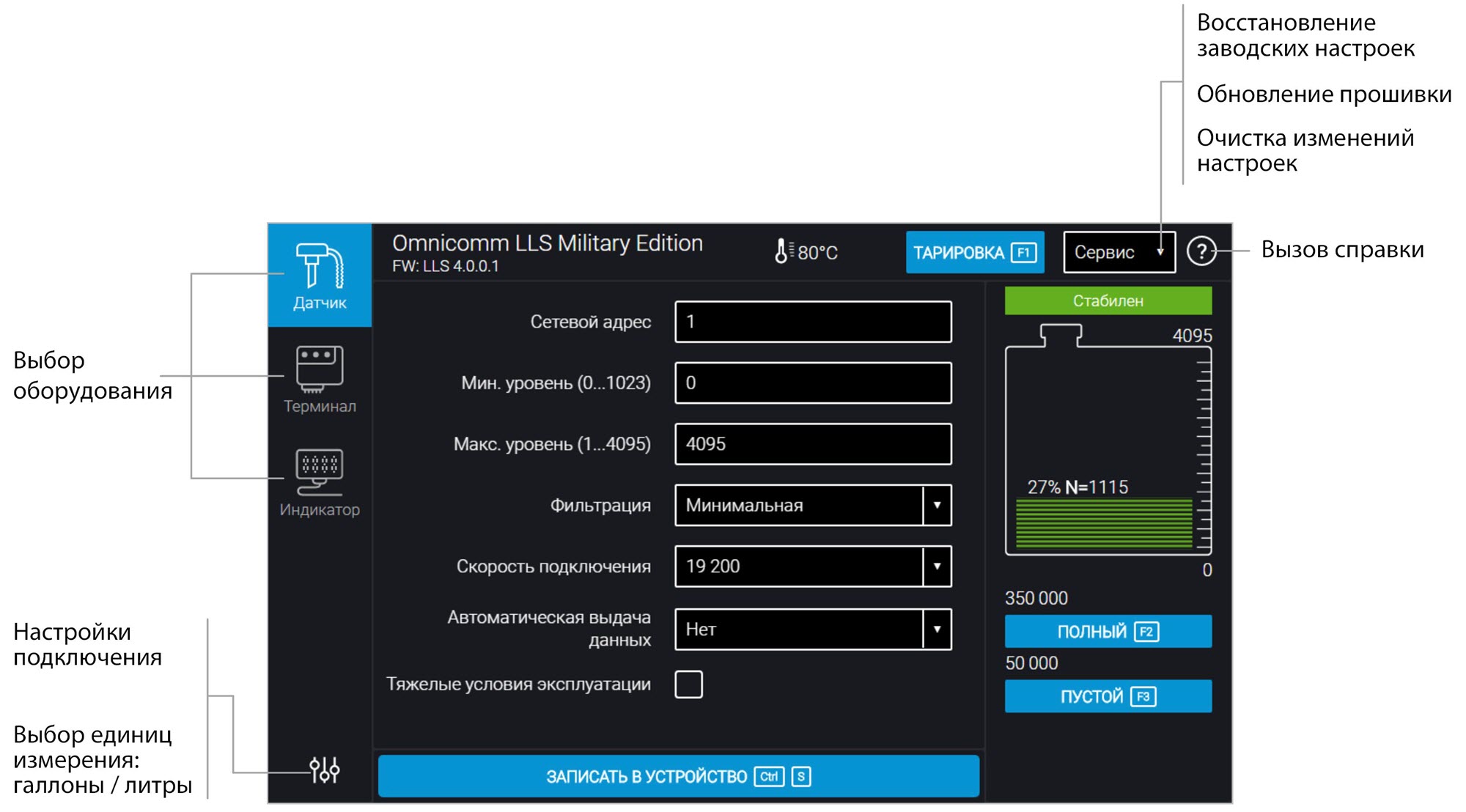 Настройка датчика Omnicomm LLS на ПК 